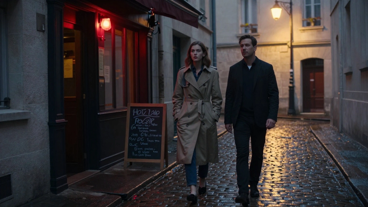 A woman and man walking through a misty Montmartre alley at twilight.