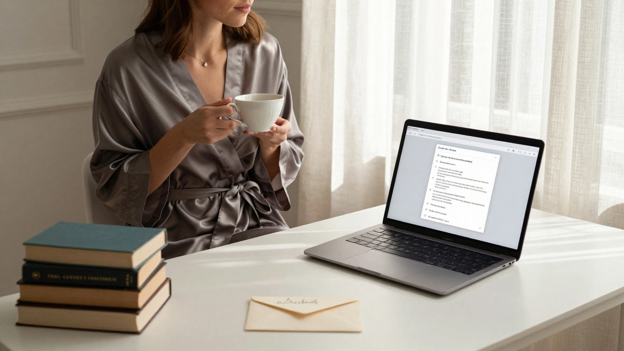 A woman in a silk robe reading in a sunlit Parisian study surrounded by books.