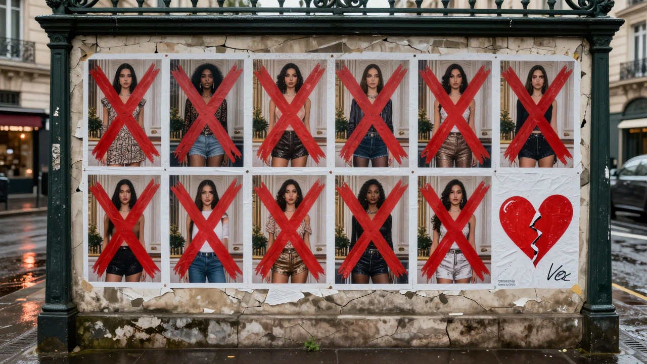 Fake escort ads plastered on a rainy Paris wall, all using the same stock photos with red X marks over them.